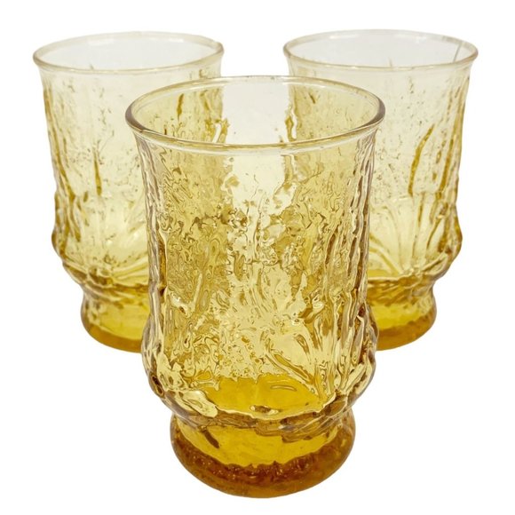 3 Vintage Anchor Hocking Juice Glass Cup Rain Flower Amber Honey Gold 4" High - Picture 9 of 9